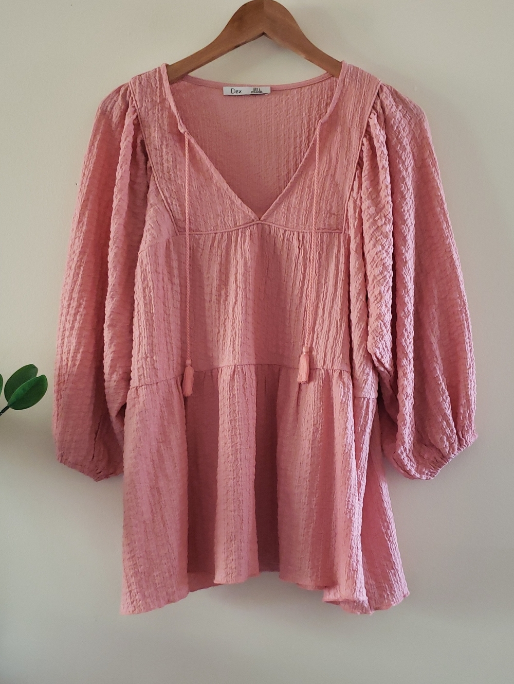 DEX Crinkle Textured Dusty Pink Balloon Sleeve Tunic Blouse - L
